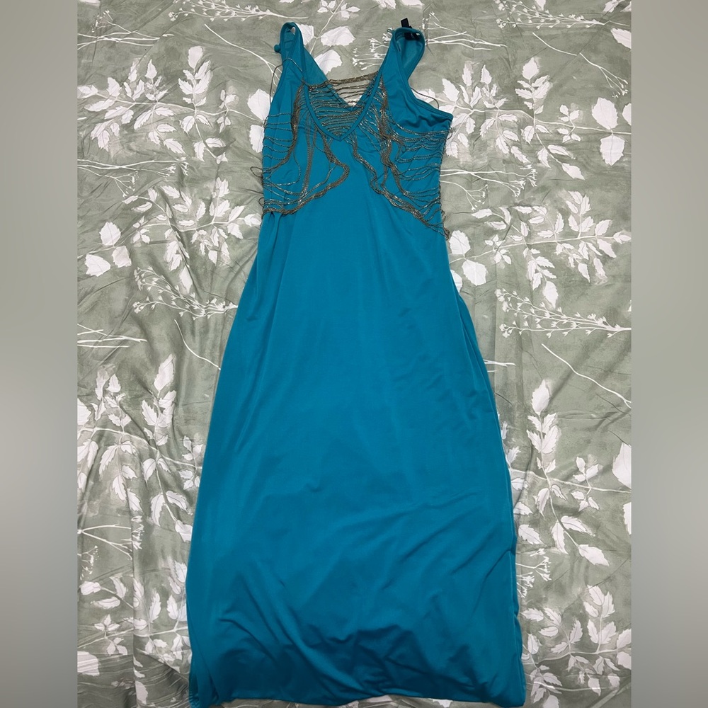Marciano vintage maxi Teal Beaded V-Neck Evening Dress